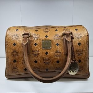 MCM Cognac Visetos Boston Satchel with Logo Plaque